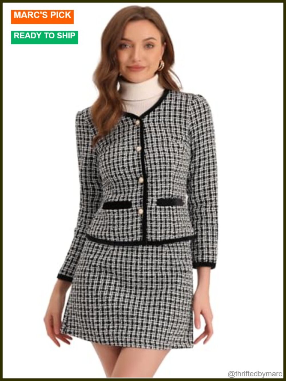 Women's Plaid Tweed Suit Set Crop Blazer Mini Skirt Two Piece Boucle